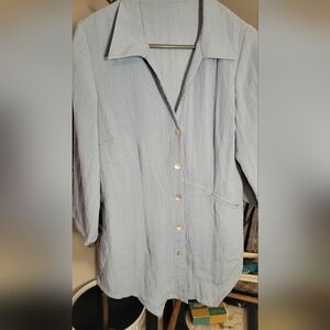 Fridaze 100% Linen Blue Button Up Top 3/4 Sleeve V Neck Asymmetrical Oversized